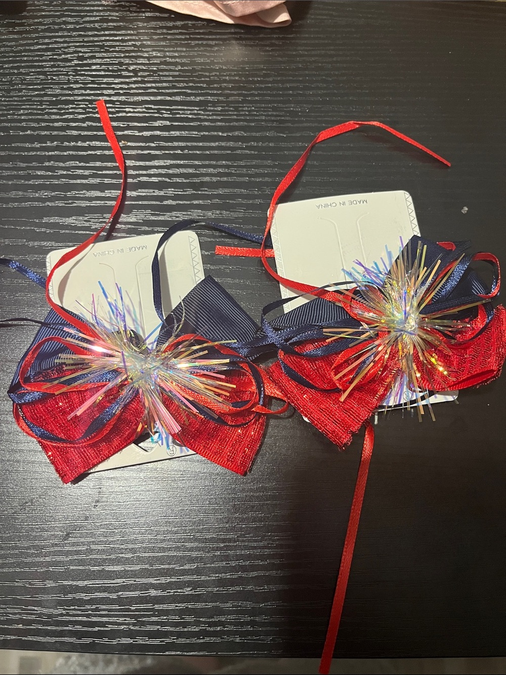 Festive firework inspired Red & Navy Hair Bows with Iridescent Tinsel Accent